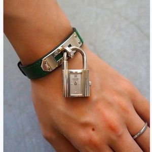 Vintage Hermes sterling silver and leather watch with box